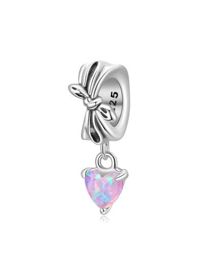 WOSTU 1pc 925 Sterling Silver Elegant Bow Spacer Bead Dreamy Pink Heart-Shaped Pendant Fit DIY Original Bracelets And Necklaces For Women Fine Jewelry Accessories