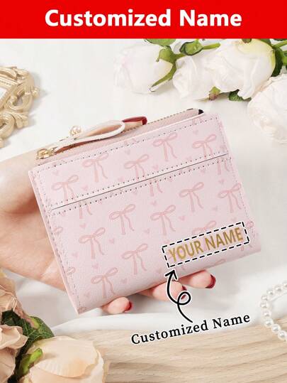 1 pieza Cartera personalizada con firma, cartera diseñada con firma personalizada, cartera con firma personalizada, cartera personalizada con firma, cartera plegable pequeña versátil con diseño de letras y patrón de amor