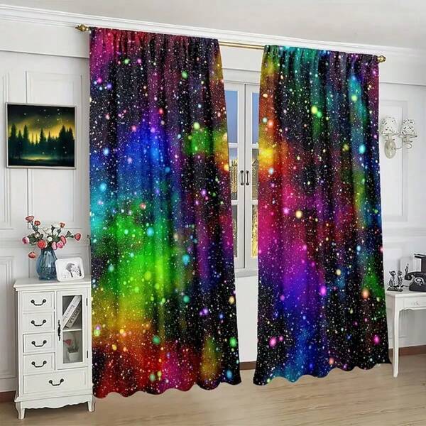 2 piezas Cortinas de galaxia para niños - Cortinas semitransparentes con estampado de cielo estrellado y nebulosa colorida, lavables a máquina para dormitorio y sala de estar