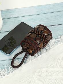波西米亚风欧美迷你椰壳手提包可爱小巧手工编织零钱包女士钱包钱包零钱包旅行钱包 - 咖啡 - 查看 2