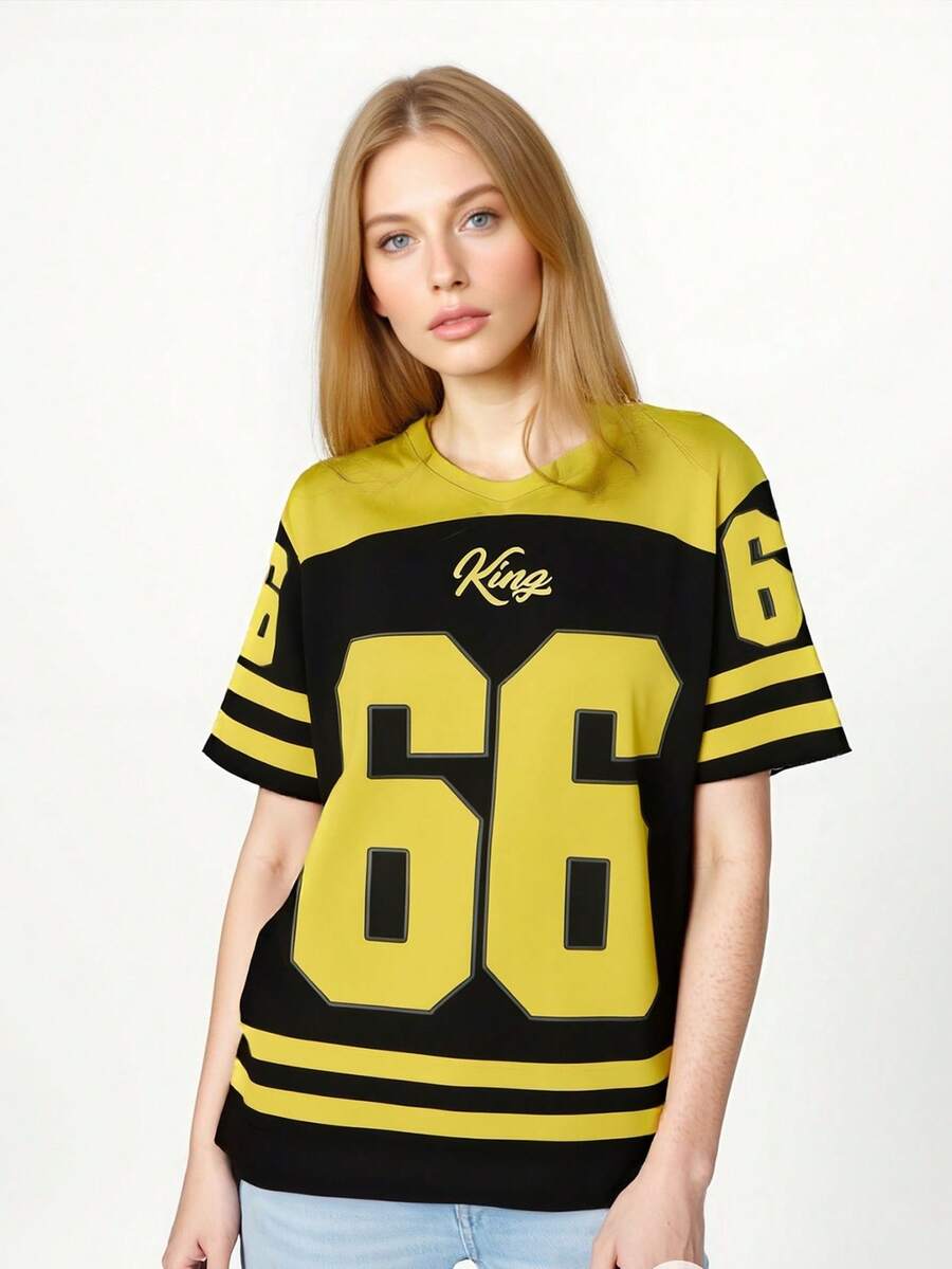 ODMYONO Koszulka damska z nadrukiem wielokolorowym Top Ins Style Luźna, wyszczuplająca koszulka z krótkim rękawem Młodzieżowa koreańska wersja Uniwersalna, swobodna koszulka bazowa - Żółty - Zobacz 1