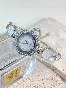 1pc Women's Gold-Tone Alloy Fully Paved Crystal Heart Shaped Case Arabic Numeral Dial Quartz Watch With Adjustable Drawstring, Suitable For Daily Matching, Birthday, Women's Gift, Anniversary, Year-End Promotion, Singles' Day, Halloween Promotion, Etc. (No Gift Box) - Silver - View 3