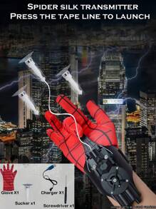 1 Set 3M Range Strong Suction Spider Web Shooter Glove (Incl. USB Cable, Screwdriver) Superhero Cosplay Red/Blue Wrist-Mounted Auto-Retractable Rechargeable Role Play Toy For Halloween, Comic-Con & Costume Parties