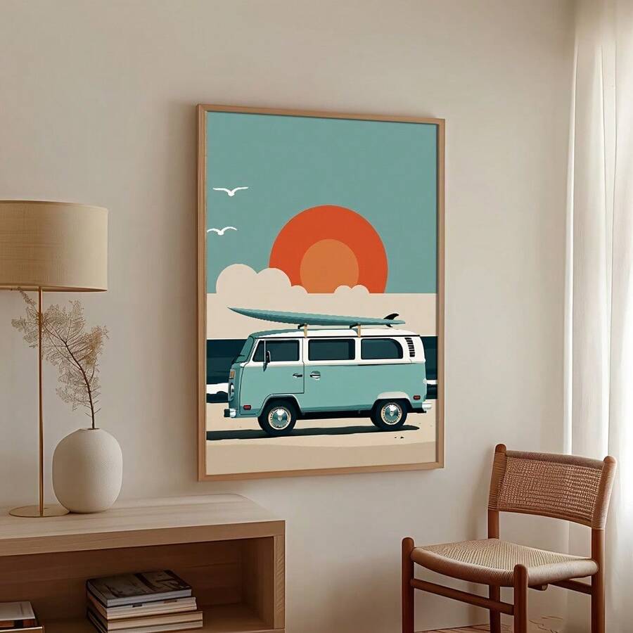 1 幅现代卡通风景肖像画布波西米亚风热带露营车日落、夏季海岸海滩冲浪海景适用于家庭办公室、浴室、客厅、卧室、餐厅装饰礼物可选画框 - 彩色 - 查看 1