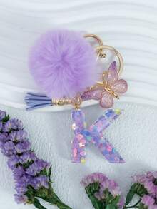 Cute Pom Pom Sequin Letter A-Z Resin Tassel Keychain, Wallet & Handbag Charm, Chain Backpack Pendant, Car Hanging Ornament, Girl Gift, School, Car Accessories, Gothic Y2k - Purple - View 28