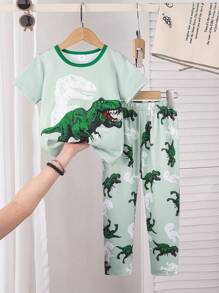 BrownBark 4 Sets, 8 pièces - Ensemble de pyjama décontracté d'été pour jeune garçon avec imprimés de dinosaures, de requins, de pelleteuses. Top à manches courtes et pantalon. Tenue d'intérieur d'été confortable pour garçons