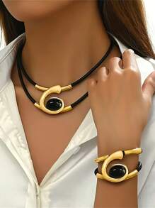 1 Stück Halskette + 1 Stück Armband, Vintage Bohemian Spirale Acryl Einlage gebogenes Doppelschichten vielseitiges Modeschmuck-Set für Frauen