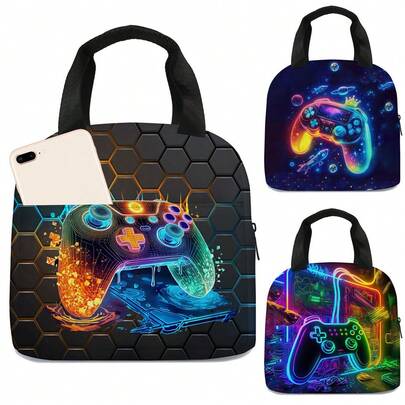 创意游戏图案印花手提午餐袋、非食品接触收纳袋、返校用品、旅行/度假收纳袋、办公室/通勤收纳袋