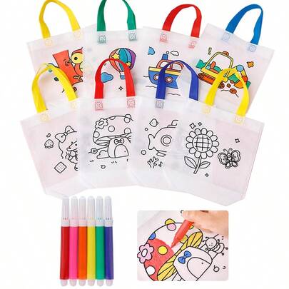 5/10pcs DIY Graffiti Gift Bags, Random DIY Material Pack Painting Coloring Blank Graffiti Non-Woven Tote Bags, The Bags Themselves Are Colorless, Need To Be Painted With Brushes, Reusable Animal Art Party Gift Bags, Mini Non-Woven Shopping Bags, Party Supplies