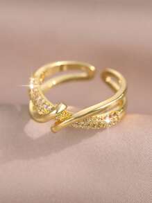 1 Peça Elegante Anel Aberto Dourado de Mulher com Laço de Zircônia Cúbica, Anel de Casal Glamoroso para Aniversário, Encontro, Solteiro, para Uso Diário, Formatura, Presente de Joias