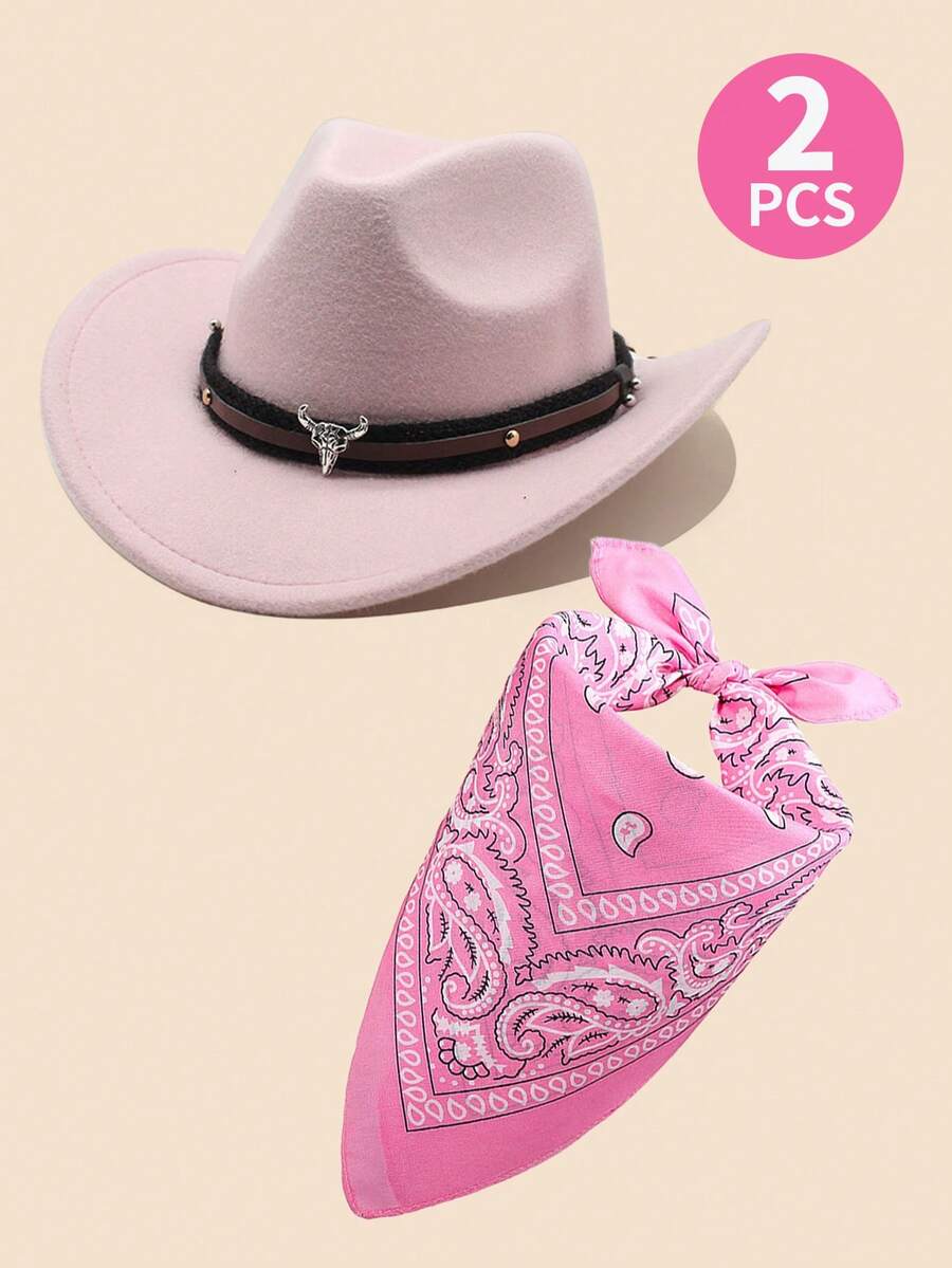 2件套儿童粉色牛仔帽，西部毡制牛仔帽，配头巾和皮带，适合青少年男孩女孩生日、万圣节派对，套装包含1顶粉色牛仔帽和1条粉色头巾 - Pink Hat+Pink Bandana - 查看 1