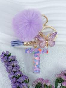 Cute Pom Pom Sequin Letter A-Z Resin Tassel Keychain, Wallet & Handbag Charm, Chain Backpack Pendant, Car Hanging Ornament, Girl Gift, School, Car Accessories, Gothic Y2k - Purple - View 18