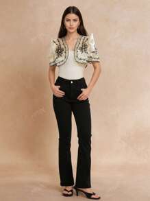Modern Filipiniana Women Floral Print Frill Short Sleeve Round Neck Open Front Cropped Cardigan, Spring/Summer