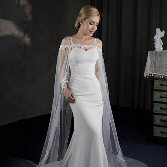 1 件纯色网眼面料精致蕾丝花边花卉点缀围巾带尾巴，奢华婚礼披肩