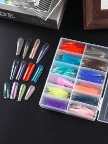 FULL BEAUTY Caja de 144 piezas Moldes de extensión de uñas largas en forma de ataúd/ovalada de colores claros para arte de uñas, con cobertura completa, molde para extensión de uñas de gel UV, acrílico y arte de uñas DIY, incluye 12 tamaños, escala y puntas en forma de U para extensiones de uñas artificiales falsas