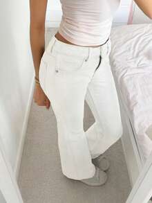MYOURSA Low Rise School Y2k Flare Leg Jeans - White - View 5