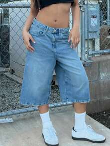 破洞街头风宽松牛仔百慕大短裤 - 淺色水洗藍 - 查看 1