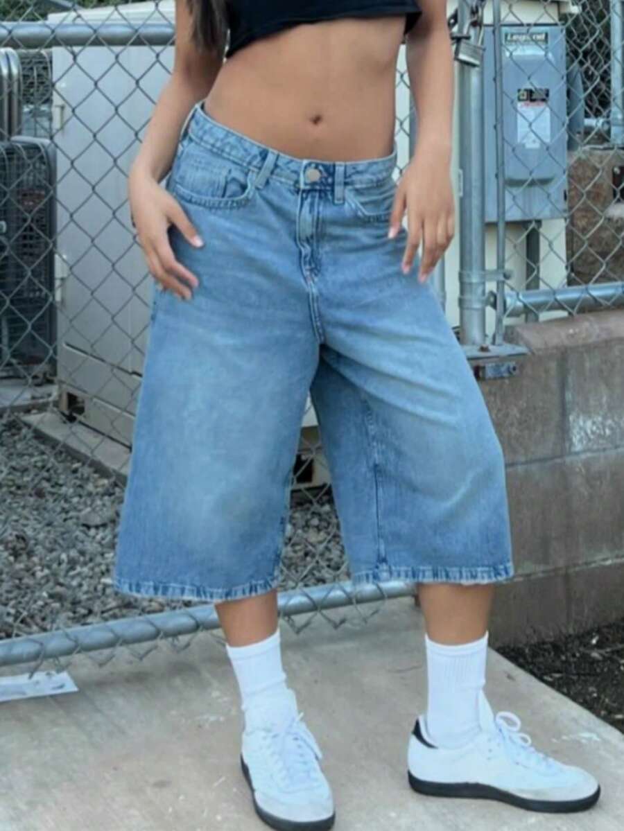 破洞街头风宽松牛仔百慕大短裤 - 淺色水洗藍 - 查看 1