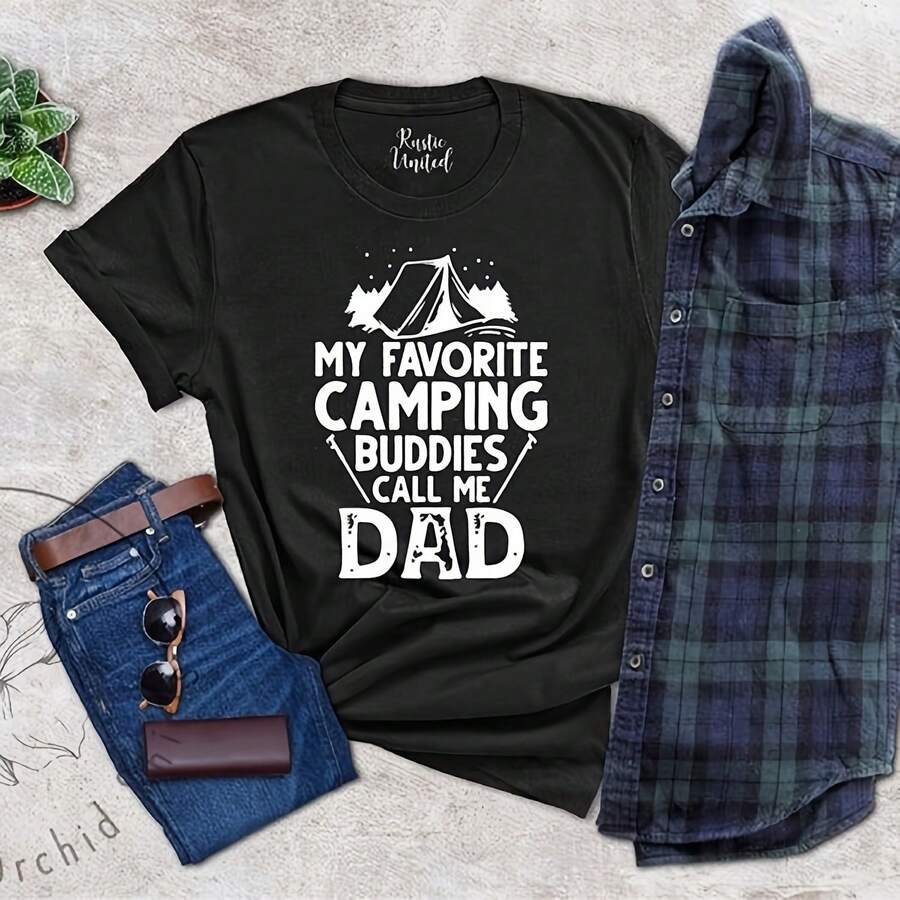 Camping Shirt For Dad, Camper Dad Gift T-Shirt, Mens Camping Outfit, Funny Camp  Shirts, My Favorite Camping Buddies Call Me Dad Shirt___220g High-Quality Pure Cotton T-Shirt With Minimalist Printing, Soft And Breathable Fabric, Comfortable And Loose, Suitable For All Day Wear, Suitable For Office Casual Wear, Spring And Summer Daily Appearance, Elegant And Youthful Design - Black - View 1