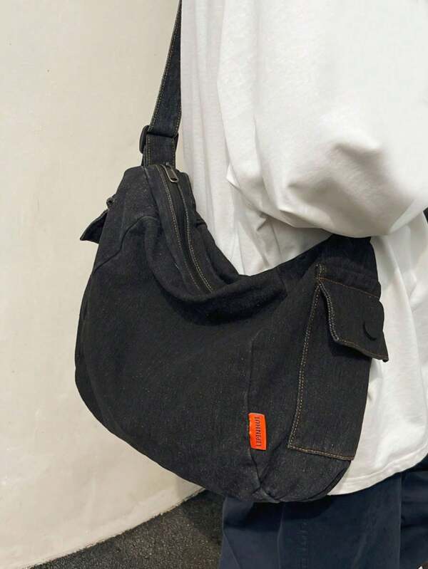 Ins Style Washed Canvas Shoulder Bag, Versatile Minimalist Retro Crossbody Bag, Unisex Casual Sling Bag For School And Commute Pouch