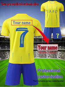 [Custom-Made] Personalized Name 2-Piece Set 2025 Riyadh Victory Same Style #7 Youth Boys' Football Jersey Set - Quick-Dry Breathable Polyester, Crew Neck Top And Shorts, Suitable For Boys Sports Training And Casual Wear, Outdoor Perfect Choice,Multi-Functional,Ornamental,Letter,Stylish,Modern,Colorful,Cute,Adorable,Casual,Custom,Personalised,Unique,Customized,Ideal Gifts For Him,Ideal Gifts For Her