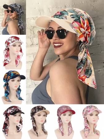 1pc Women's Printed Headscarf Hat, Fashionable Floral Tube Cap Curved Brim Hat, European & American Style