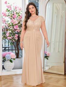 Plus Deep V-Neck Sequin Lace Contrast Ruched Draped Front Mermaid Hem Evening Party Formal Dress, Valentine's Day Dress, Summer Dress, Wedding Guest Dress, For Birthday, Dinner, Prom, Homecoming - Champagne - View 12