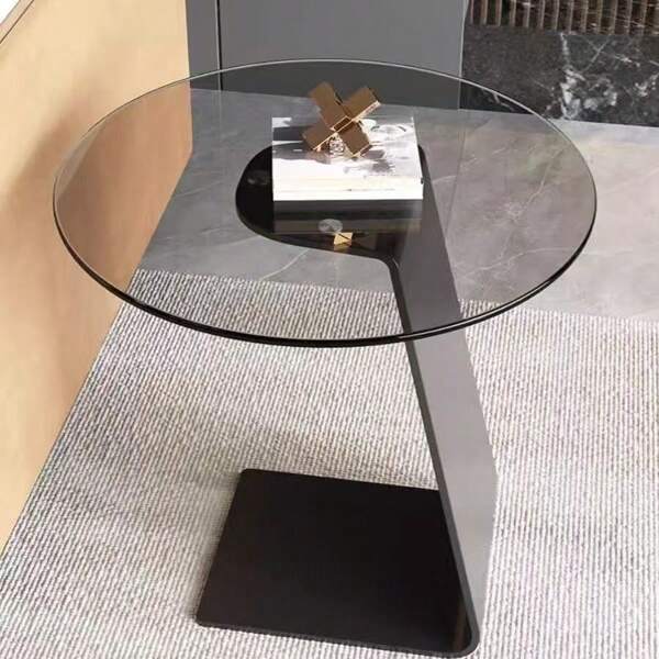 1pc Tempered Glass Coffee Table With Marble-Look Edge, Minimalistic Round Side Sofa Table, Suitable For Bedroom, Living Room, Dining Room