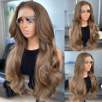 Kanekalon Futura Haar Bruin 13x4 Synthetische Lace Front Pruik voor Dames 22 Inch Lange Golvende Pruik zonder Lijm Kanekalon Haarbestendige Synthetische Pruik met Vrije Scheiding 150% Dichtheid Synthetische Lace Front Pruik zonder Lijm Hittebestendige Vezels Natuurlijke Haarlijn Voor Dames Dagelijks Feestjes Vakantie en Vakantie