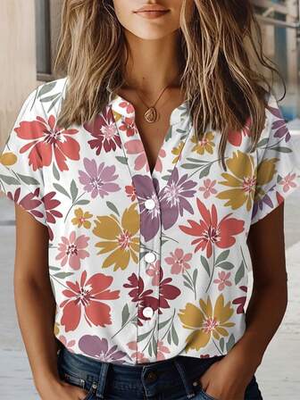 Women's Fashionable Casual Bohemian Flower Print Slim Short Sleeve Shirt