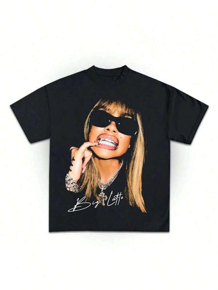 Big Latto Graphic T-Shirt Design - Instant Download DTF/PNG File |   High-Resolution Bootleg Tee Template |   Printable StreetwearSummer Party Casual Fashion T-Shirt Loose Casual T-Shirt For Street Rock - Black - View 1