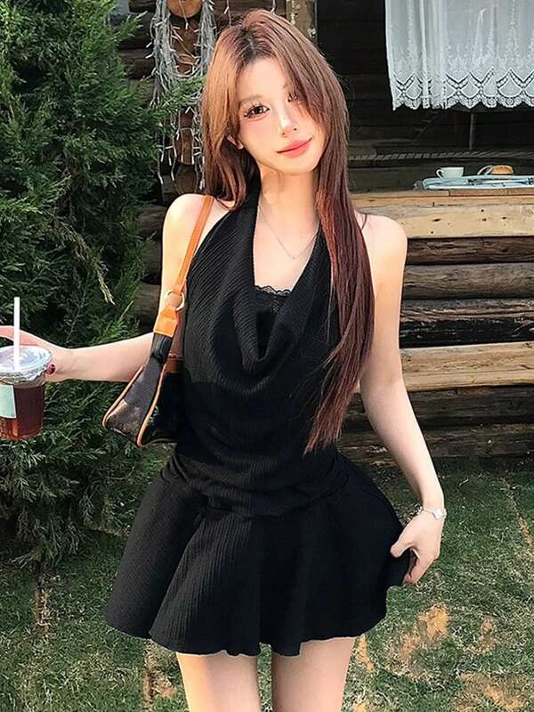 1pc Women's Sexy 2 In 1 Lace Dress, Halter Neck