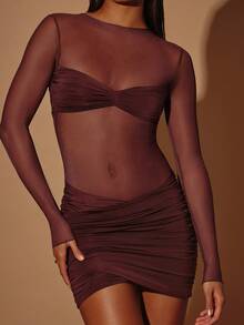 Sexy Round Neck Long Sleeve Mesh Pleated Bodycon Dress