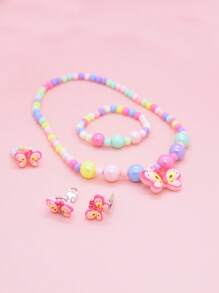 5pcs/Set Girls Cute Rainbow Pendant Beaded Necklace, Bracelet, Ring And Earrings, Lovely Jewelry Gift, Children Accessories (Bead Colors Random)