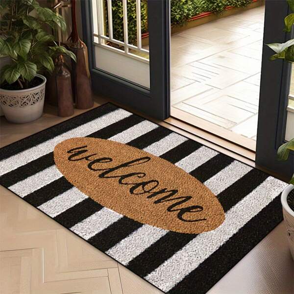 1pc 16"*24" 18"*30" [Non-Slip] Non-Slip Welcome Doormat | Polyester | Machine Washable, Non-Slip | Entryway, Living Room, Patio, Kitchen, Bathroom | Grey Black Vertical Stripes & Oval Brown Welcome Sign | Indoor/Outdoor Use,Non-Slip Outdoor/Indoor Rubber Door Mats For Front Door/Garden/Kitchen/Bedroom