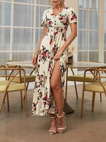 Rusttydustty Spring And Summer New Women's Plus Size Apricot Print Lotus Leaf Sleeve Single-Breasted Tassel Rope A Word Big Swing Long Dress Party, Seaside, Holiday, Music Festival - Apricot - View 4