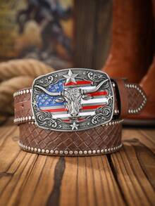 1pc Unisex Bohemian Western Style Metal Buckle Vintage Dark Brown PU Leather Belt, Suitable For Casual & Personalized Matching (Hole Puncher Included) - As Shown - View 27