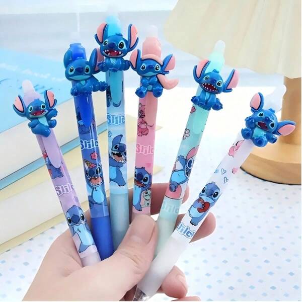 Disney Marcadores borrables con tema de Stitch - Bolígrafo de resina azul tipo clic, 0,5 mm, ligero, punta media, instrumentos de escritura con ilustraciones de Stitch, para estudiantes y premios, útiles educativos | Diseño alegre | Marcadores ligeros, accesorios de Stitch, útiles escolares, de vuelta a clases