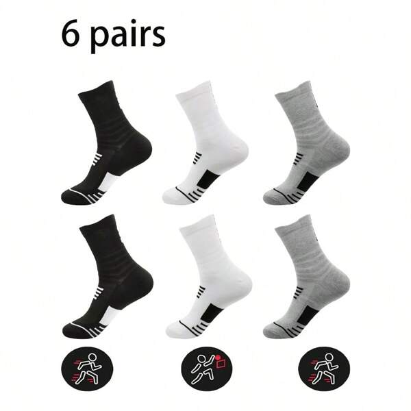 6 Pairs Of Mixed Color Basketball Socks, Men's Towel Bottom Socks, Compression Soccer Running Outdoor Sports Socks