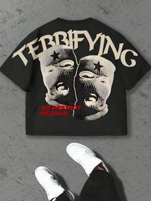 男士宽松休闲字母印花短袖T恤，轻薄透气，夏季 - 黑色 - 查看 8