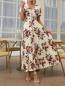 Rusttydustty Spring And Summer New Women's Plus Size Apricot Print Lotus Leaf Sleeve Single-Breasted Tassel Rope A Word Big Swing Long Dress Party, Seaside, Holiday, Music Festival - Apricot - View 2