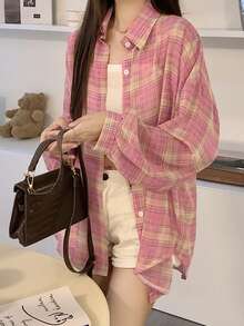 2025夏季新款格子衬衫女休闲宽松上衣上衣 - 粉色 - 查看 6