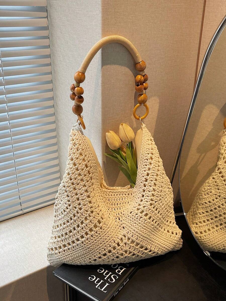 手工编织草编女士单肩包，简约设计 - 米色 - 查看 1
