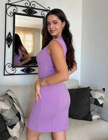 Vestido de cóctel de verano 2025 para mujer, vestido ajustado sin mangas de cuello redondo, vestido corto para fiesta y club - Morado - Ver 4