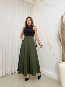 Women's Long Round Skirt Tailoring Evangelical Fashion Casual Basic Winter High Waist Elegant - 軍綠色 - 查看 4