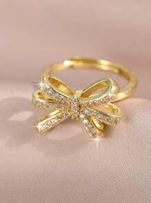 1 Peça Elegante Anel Aberto Dourado de Mulher com Laço de Zircônia Cúbica, Anel de Casal Glamoroso para Aniversário, Encontro, Solteiro, para Uso Diário, Formatura, Presente de Joias