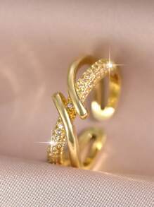 1 Peça Elegante Anel Aberto Dourado de Mulher com Laço de Zircônia Cúbica, Anel de Casal Glamoroso para Aniversário, Encontro, Solteiro, para Uso Diário, Formatura, Presente de Joias