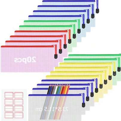 Federmäppchen aus Netzstoff mit Reißverschluss, 20 Stück, transparente Federmäppchen, Plastikhüllen, Ordner, wasserdichte Reiseaufbewahrungstasche für Schulbedarf, Rechnungen, Kosmetik, Schreibwaren und Reisezubehör, 5 Farben, Federmäppchen, Schultasche