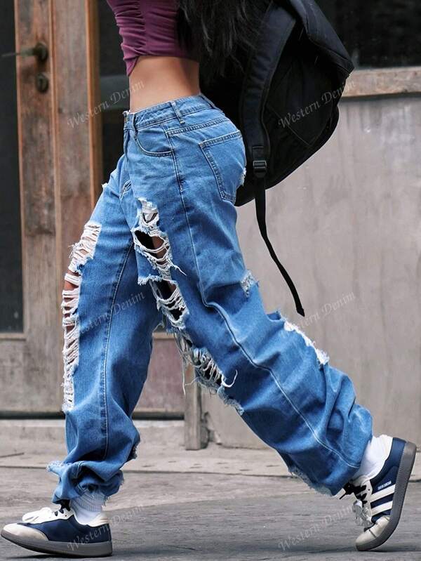Ripped Sexy Street Style Straight Leg Jeans, Essential For Summer
