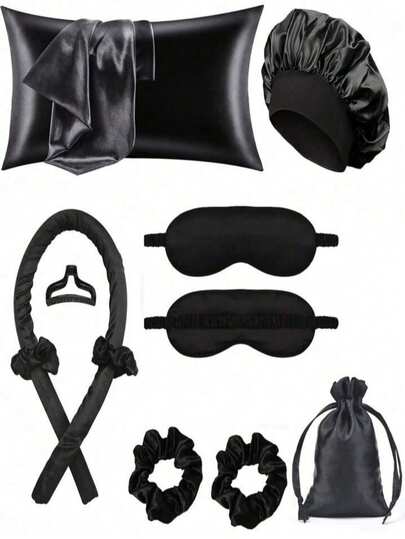 10 件套美发工具套装，包括 1 个卷发器、1 个真丝枕套、头发和皮肤女王系列、Sik 卷发套装、过夜卷发器、1 个柔软睡眠眼罩、卷发器、无热卷发器、卷发器、理发沙龙美发产品和配件、美容旅行必需品、学校、返校、旅行、旅行必需品、家庭必需品、眼罩、睡眠面膜